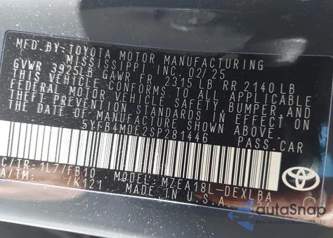 2025 Toyota Corolla Le из США, поврежденный, VIN 5YFB4MDE2SP281446